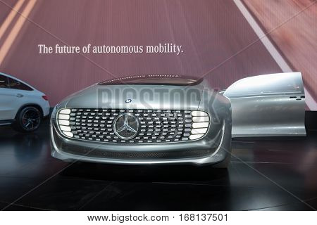 DETROIT MI/USA - JANUARY 14 2015: Mercedes F 015 Concept car at the North American International Auto Show (NAIAS) one of the most influential car shows in the world each year.
