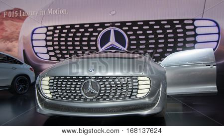 DETROIT MI/USA - JANUARY 14 2015: Mercedes F 015 Concept car at the North American International Auto Show (NAIAS) one of the most influential car shows in the world each year.