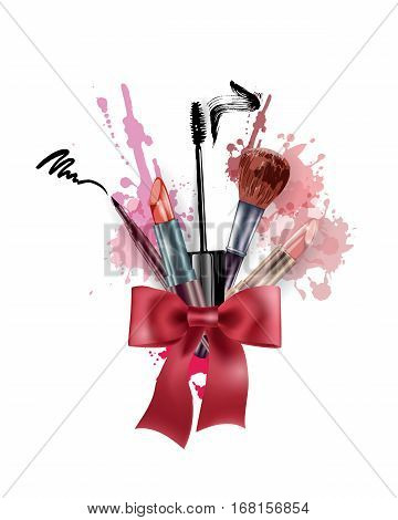 Cosmetics and fashion background with make up artist objects: lipstick mascara eyeliner. With place for your text. Template Vector.