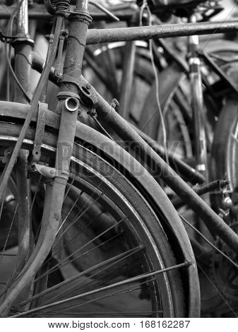 ABSTRACT SHOT OF OLD RUSTY BICYCLE PARTS