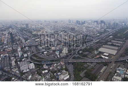 The townscape from above in a cloudy awning bores
