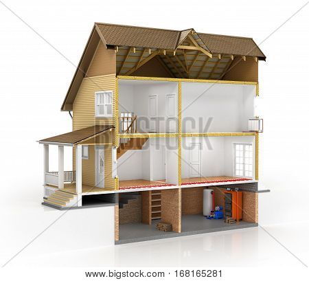 Concept of design. Sliced house with isolated layers of heating on the white background. 3d illustration