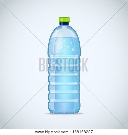 Realistic bottle with clean blue water isolated on the white background. Vector mockup. Front view