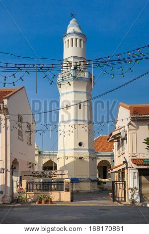 Minaret of the old Lebuh Aceh Mosque UNESCO heritage site in George Town Penang Malaysia.