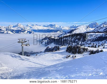 Wintertime view from Fronalpstock mountain in the Swiss Canton of Schwyz.