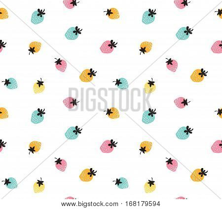 Vector colorful strawberry background. Seamless pattern of hand drawn strawberries. Natural seamless pattern of garden fruits.