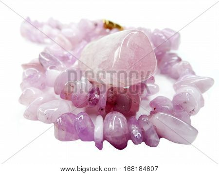 kunzite gemstone beads isolated on white background