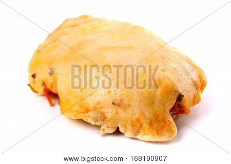 Fried Meat Covered With Cheese, Eggs And Vegetables
