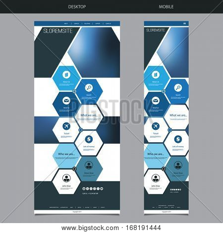 One Page Website Template with Blue Blurred Header Background Design, Hexagonal Pattern - Desktop and Mobile Version