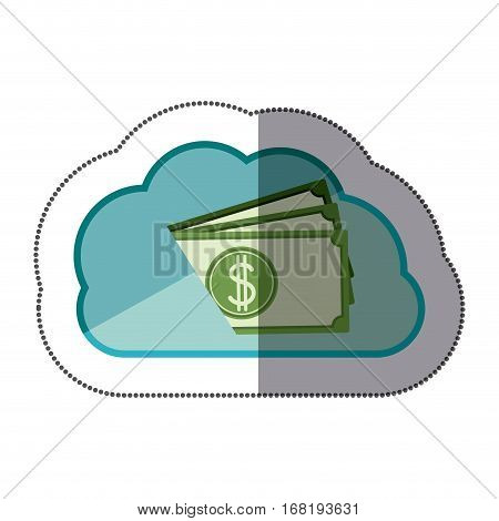 sticker cloud tridimensional in cumulus shape with stacked banknote vector illustration
