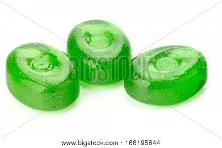 Three colorful fruit hard sugar candies,  boiled sweeties or sugar plums isolated on white background cutout