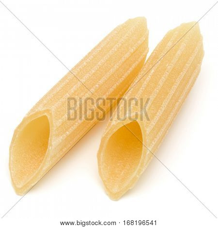 Italian pasta isolated on white background. Pennoni. Penne rigate.