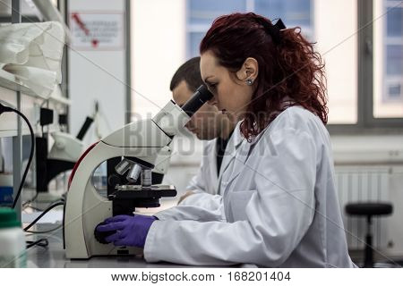 A female medical or scientific researcher or woman doctor looking through a microscope in a laboratory. Young scientist doing some research.