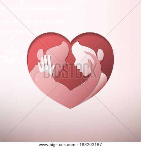 Happy Valentine's day man and woman caressing each other in heart shaped frame in paper art style