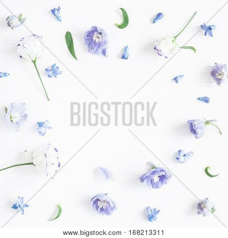 Floral composition. Frame made of lilac flowers. Flat lay top view square