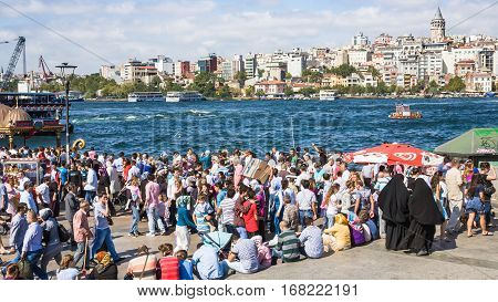 Many People On Golden Horn Waterfront In Istanbul