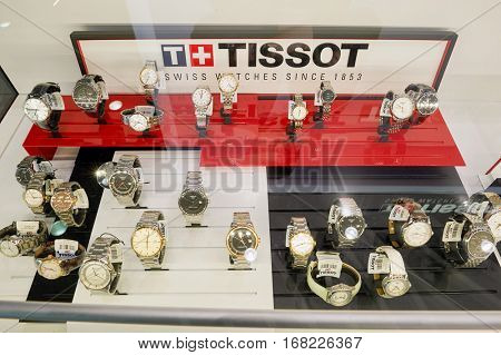 MACAO - CIRCA FEBRUARY, 2016: Tissot watches in a store at Macao International Airport. Tissot is a Swiss luxury watchmaker
