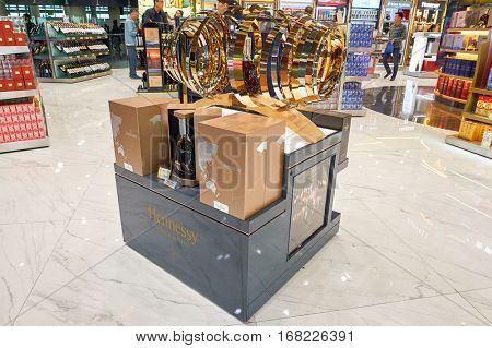 MACAO - CIRCA FEBRUARY, 2016: Hennessy bottle displayed in a store at Macao International Airport. Hennessy, is a cognac house with headquarters in Cognac, France.
