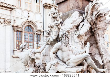 travel to Italy - decoration of Fontana dei Quattro Fiumi (Fountain of the Four Rivers) on Piazza Navona in Rome city