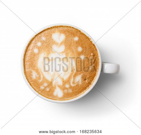 Cappuccino with frothy foam, coffee cup top view closeup on white wood background. Cafe and bar, barista art concept.