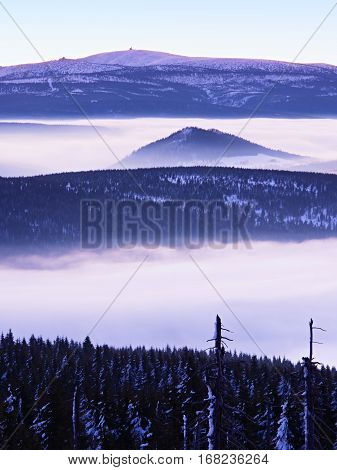 Winter Mountain Peak With Observatory Above Mist