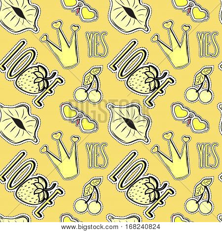 Vector pattern. The combined image of female lips, love, strawberry, cherry, a crown and other elements.