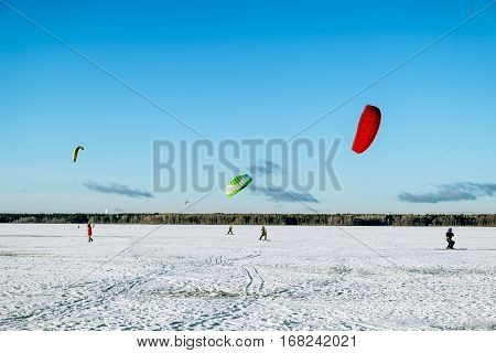 Kavgolovo.Russia.22 Jan 2017.Athletes engaged in Snowkiting on the ice lake Khepoyarvi in Kavgolovo Leningrad oblast