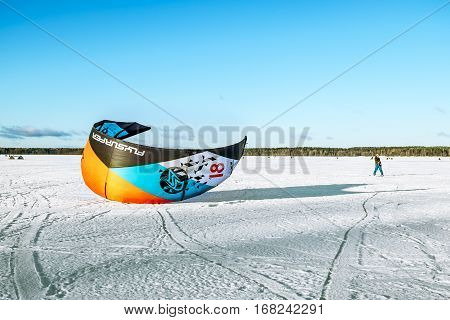 Kavgolovo.Russia.22 Jan 2017.Athletes engaged in Snowkiting on the ice lake Khepoyarvi in Kavgolovo Leningrad oblast