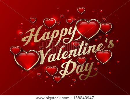 Happy Valentines Day golden lettering Greeting Card with glossy 3d heart and light effect. Red love background vector illustration for greeting card