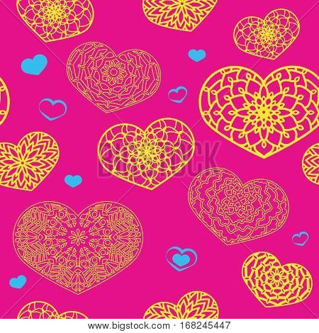 Seamless Colored Pattern With Ornamental Hearts In Bright Colors