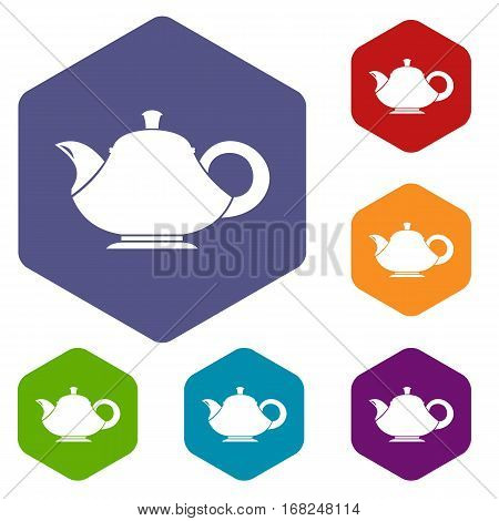 Teapot icons set rhombus in different colors isolated on white background