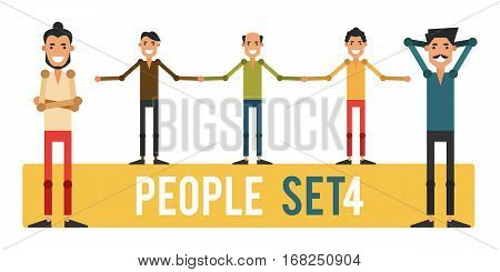 Set of funny people 4 isolated on a white background. Different gestures and styles of clothes. Icons of guys in flat style. Vector illustration.