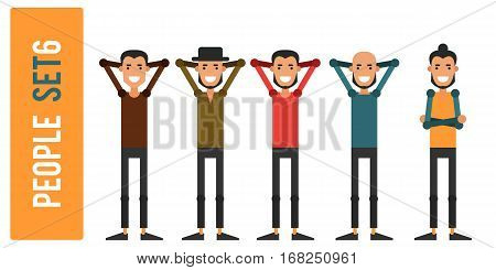 Set of funny people 6 isolated on a white background. Different gestures and styles of clothes. Icons of guys in flat style. Vector illustration.
