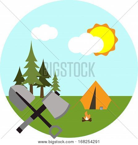 Tent and fire on a background of forest sky sun and clouds. Flat icons.