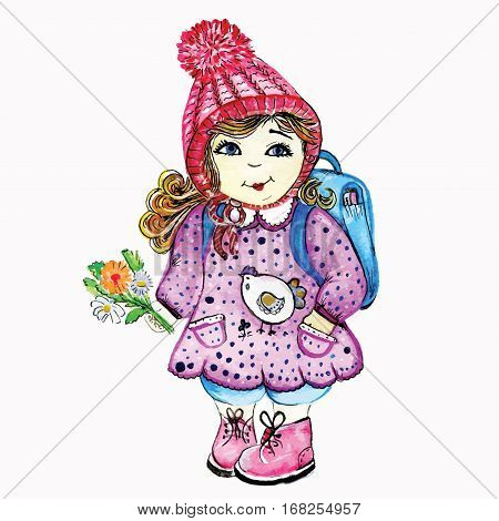 Girl schoolgirl goes to school in a cap and flowers