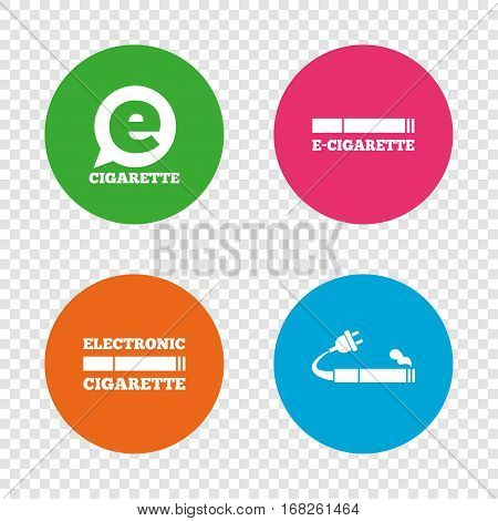 E-Cigarette with plug icons. Electronic smoking symbols. Speech bubble sign. Round buttons on transparent background. Vector
