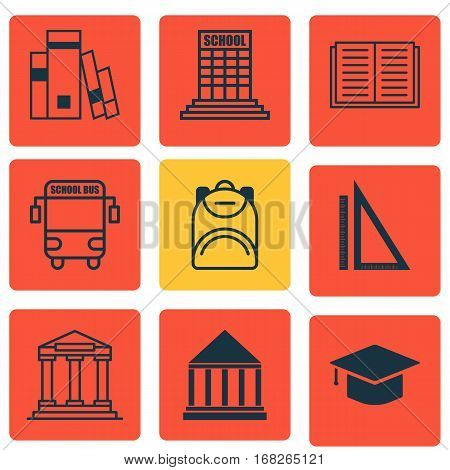 Set Of 9 Education Icons. Includes Haversack, Graduation, Academy And Other Symbols. Beautiful Design Elements.