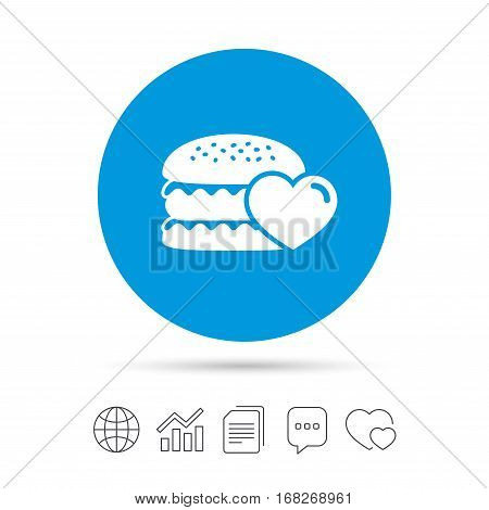 Hamburger icon. Burger food symbol. Cheeseburger sandwich sign. Copy files, chat speech bubble and chart web icons. Vector