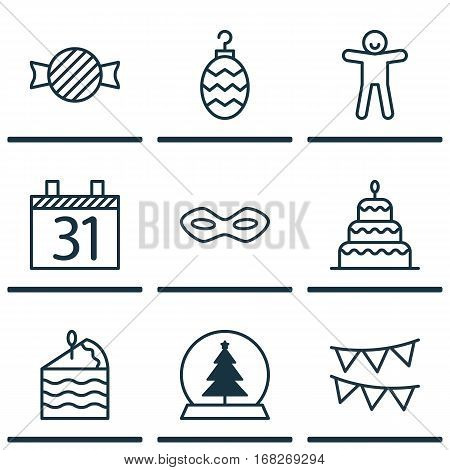 Set Of 9 Celebration Icons. Includes Shortcake, Dessert, Decorative Flags And Other Symbols. Beautiful Design Elements.