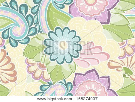 Seamless pattern with stylized flowers. Zentangle inspired. Floral colorful background can be used for wallpaper, pattern fills, web page, kids textile, clothes, yoga carpet. Indian motifs.