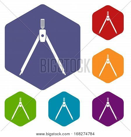 Drawing compass icons set rhombus in different colors isolated on white background