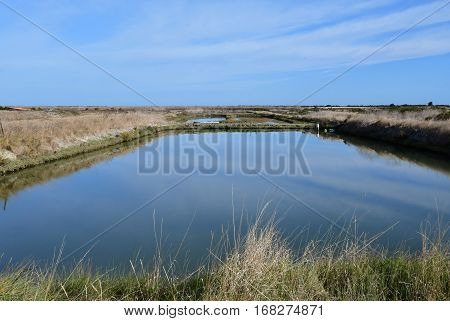 Loix France - september 26 2016 : the picturesque salt evaporation pond