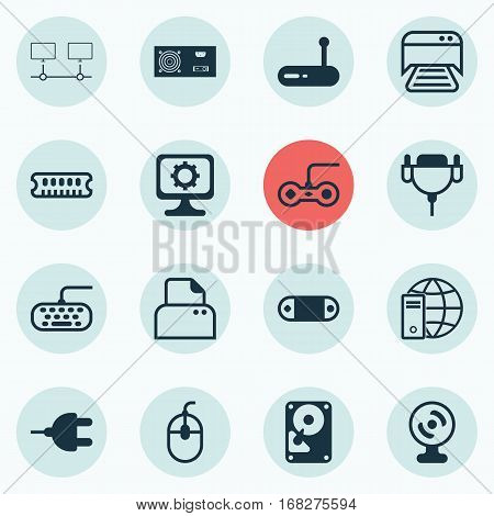 Set Of 16 Computer Hardware Icons. Includes PC, Internet Network, Joystick And Other Symbols. Beautiful Design Elements.