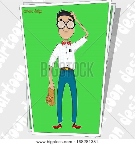 Cartoon silly boy standing with with fast food package and scratching his head. Layered vector illustration. Easy to edit and use boy figure in other design