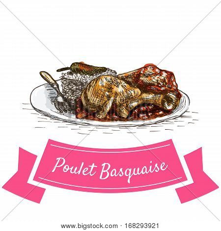 Poulet Basquaise colorful illustration. Vector illustration of French cuisine.