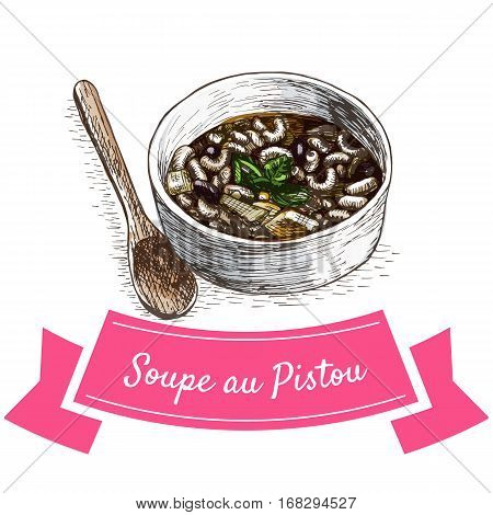 Soupe au Pistou colorful illustration. Vector illustration of French cuisine.