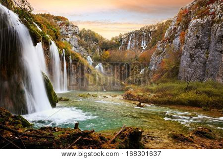 Beautiful Waterfall At Plitvice National Park