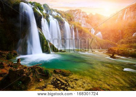 Beautiful Waterfall At Plitvice National Park