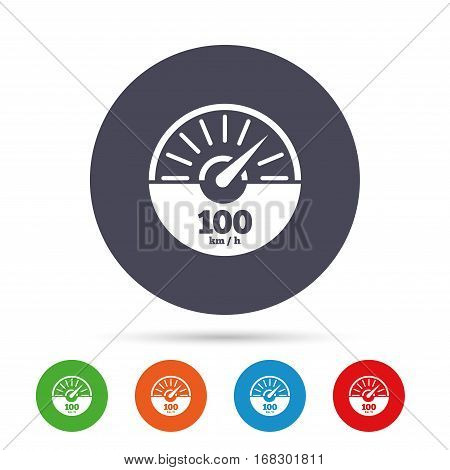 Tachometer sign icon. 100 km per hour revolution-counter symbol. Car speedometer performance. Round colourful buttons with flat icons. Vector