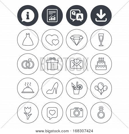 Information, download and report signs. Wedding and party icons. Dress, diamond and rings. Gift box, invitatiom letter and rose flower. Speech bubble with heart and photo camera. Vector